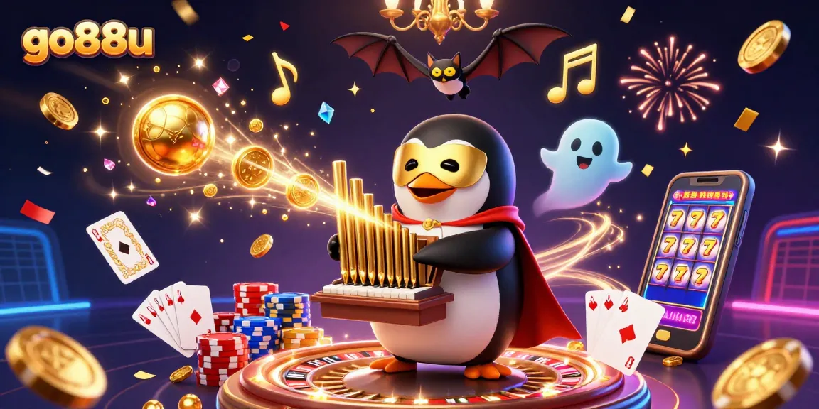 Engage with go88u's dynamic gaming world featuring a penguin playing a pipe organ amid golden coins and casino elements.