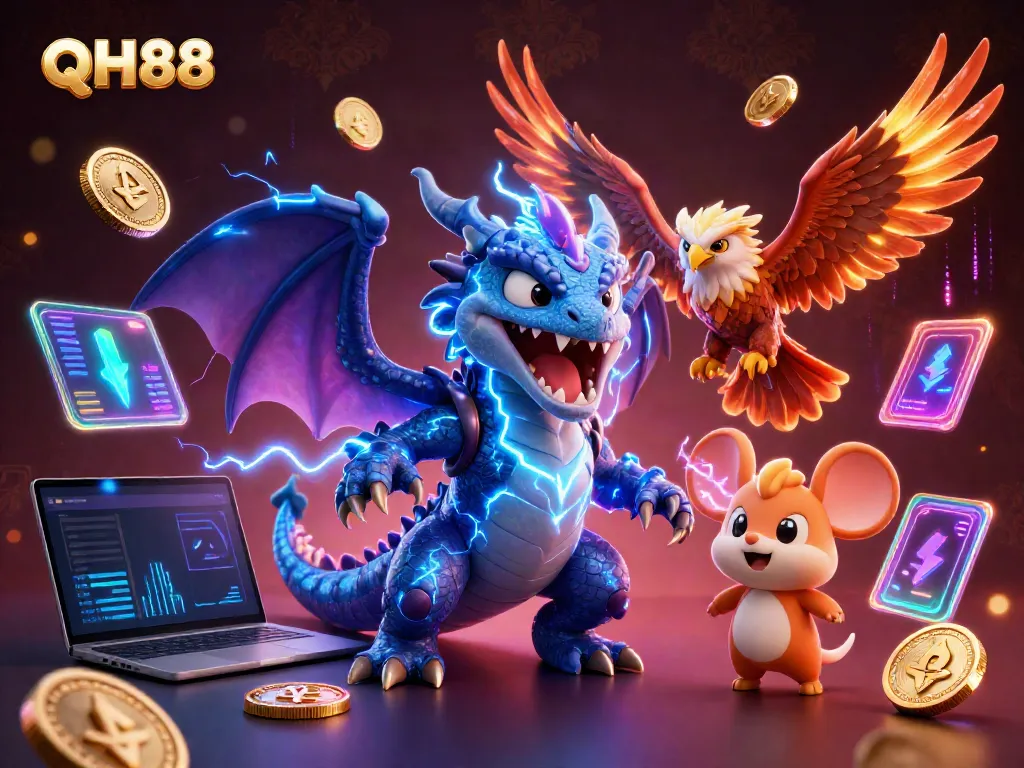 QH88 showcases an energetic casino world featuring a thunder dragon and crypto elements.
