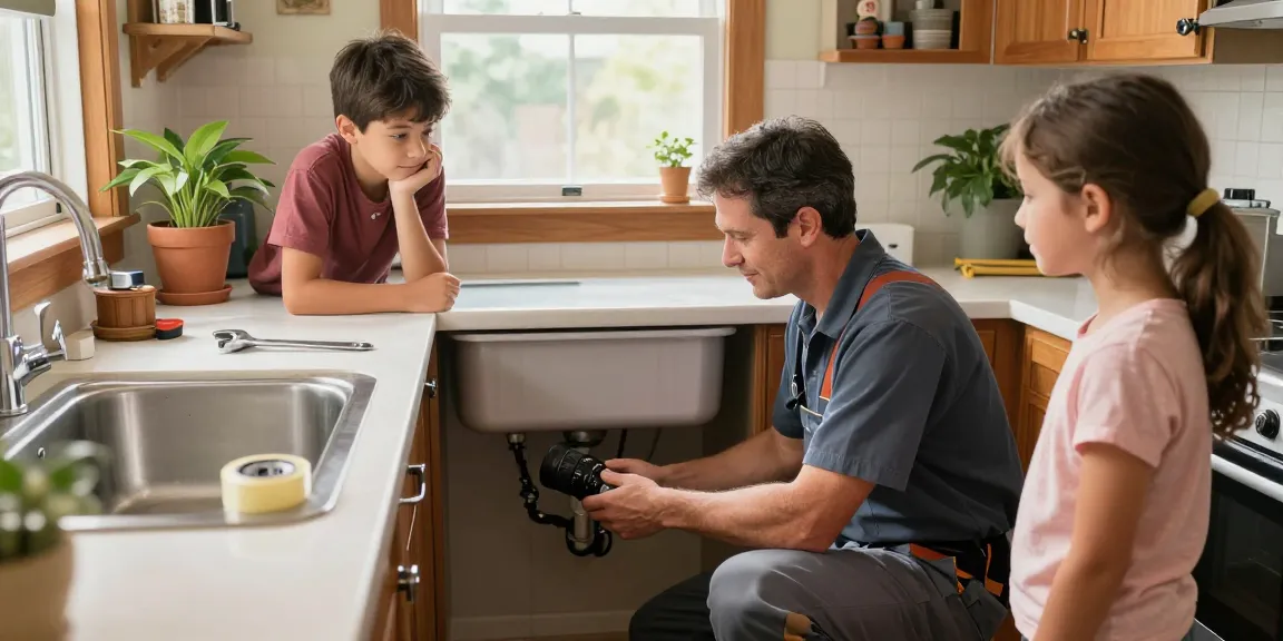 Skilled plumber Stevens Point WI inspecting kitchen plumbing while family looks on, showcasing local home services.